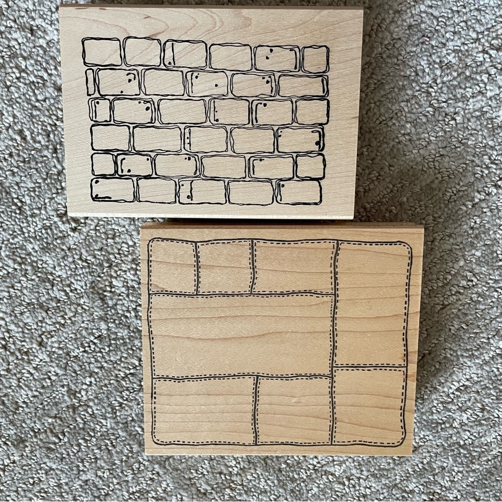 2 X-Large Wooden Rubber Stamps with Brick and Patchwork Designs, Vintage Stamps